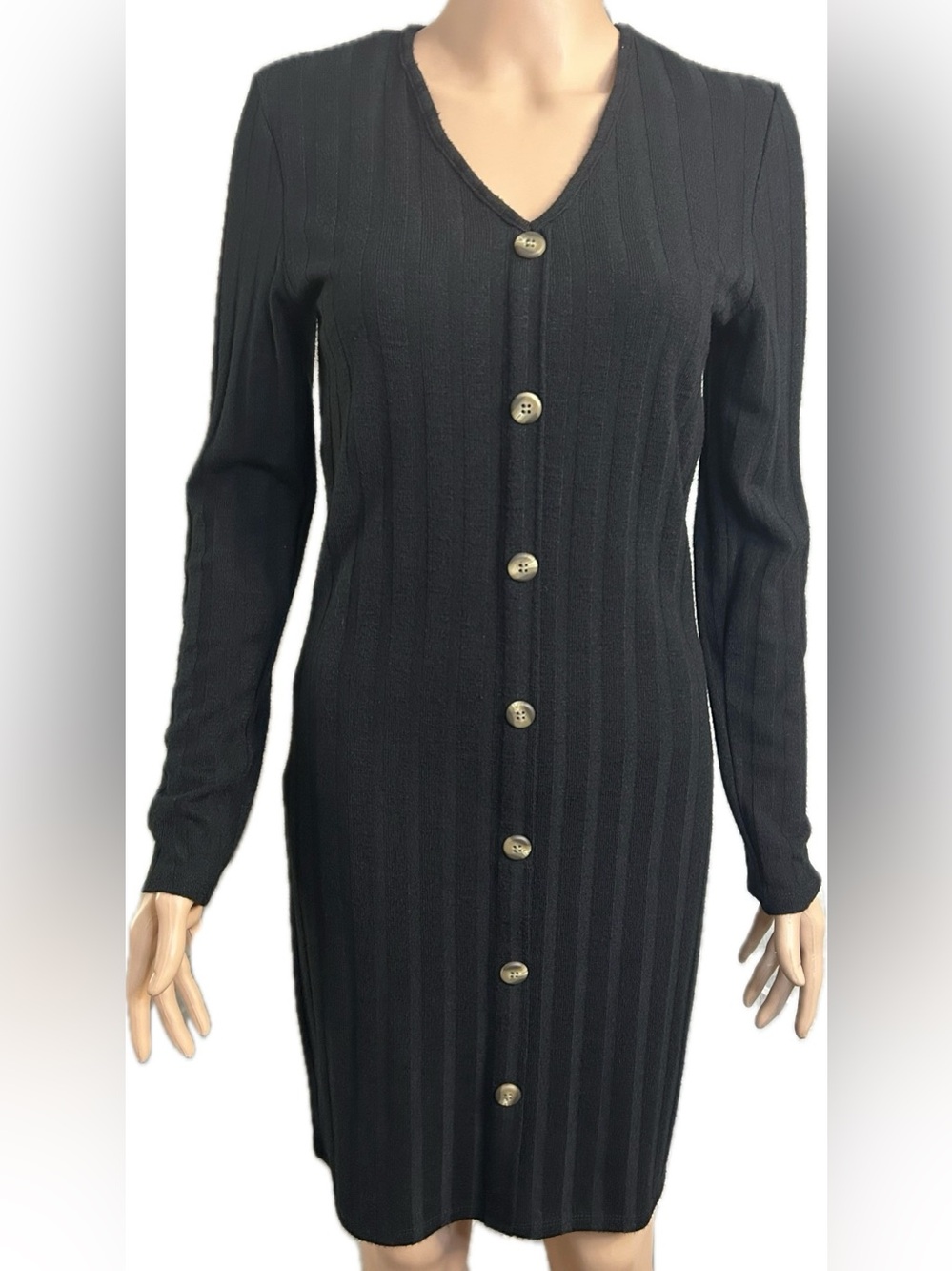 Long Sleeve Black Ribbed Button-Front Dress